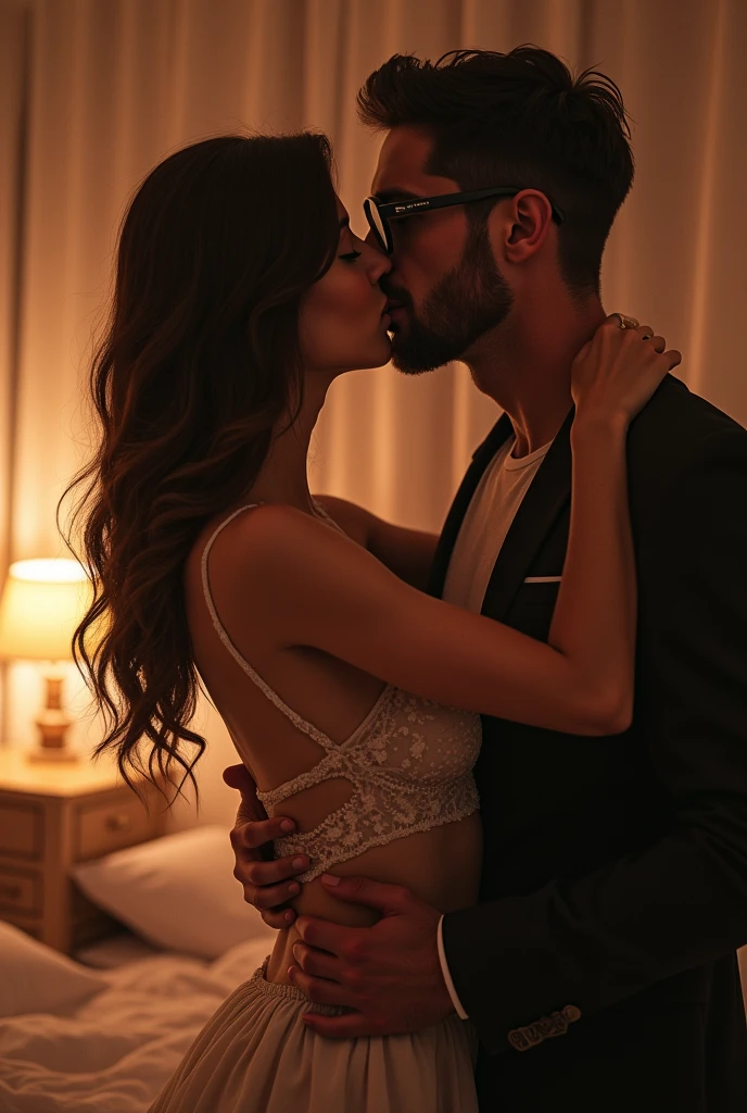 Sexy beautiful girl kisses handsome guy with glasses in bedroom