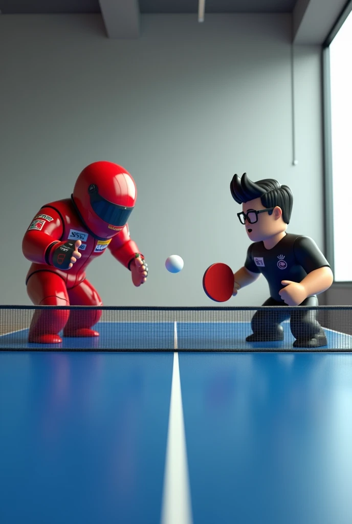 make a ping pong table and a formula driver against a noob with glasses and a black roblox shirt