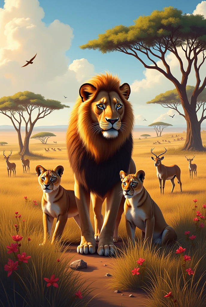 Savannah full of animals with a lion in the center next to a lioness with two cubs.