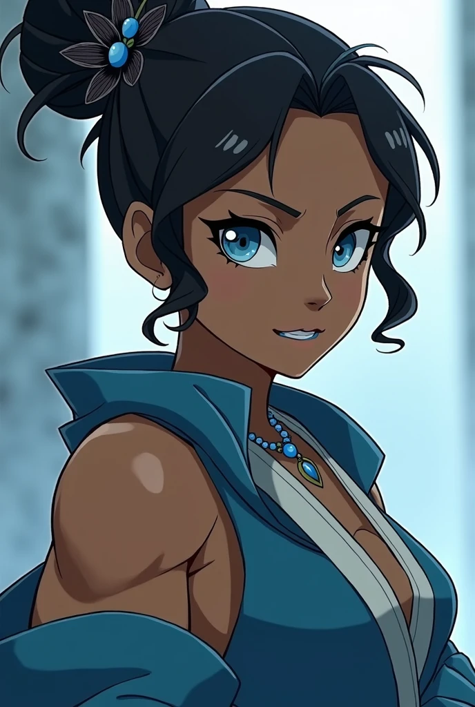 Avatar Korra from "the legend of korra" wearing an air nomad's robe, black eyeliner around the eyes, light blue lipstick on the lips, hair tied in a bun with a black stone flower securing the hairstyle, anime styling, black female, Age of Avatar, darkskin, blue colored eyes, make-up, blue jewel necklace, muscular woman.