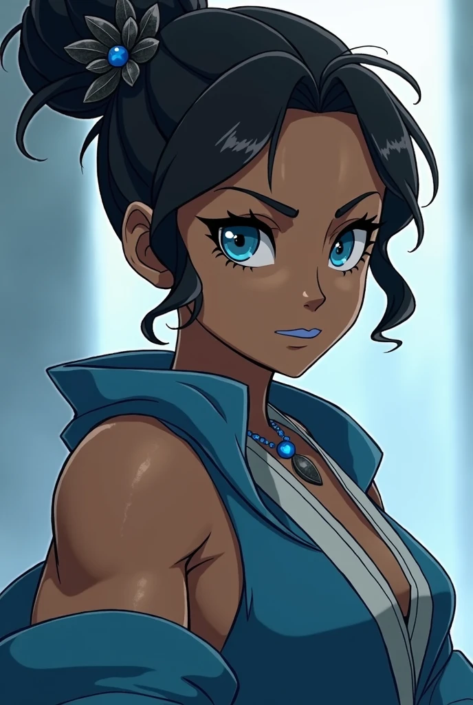 Avatar Korra from "the legend of korra" wearing an air nomad's robe, black eyeliner around the eyes, light blue lipstick on the lips, hair tied in a bun with a black stone flower securing the hairstyle, anime styling, black female, Age of Avatar, darkskin, blue colored eyes, make-up, blue jewel necklace, muscular woman.