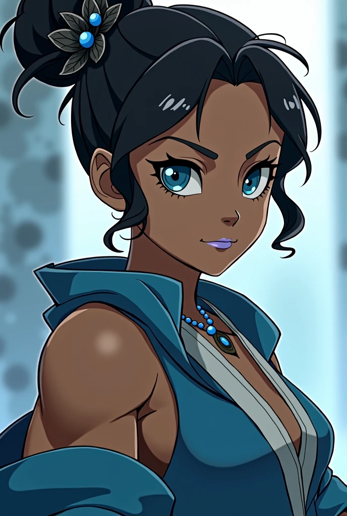 Avatar Korra from "the legend of korra" wearing an air nomad's robe, black eyeliner around the eyes, light blue lipstick on the lips, hair tied in a bun with a black stone flower securing the hairstyle, anime styling, black female, Age of Avatar, darkskin, blue colored eyes, make-up, blue jewel necklace, muscular woman.