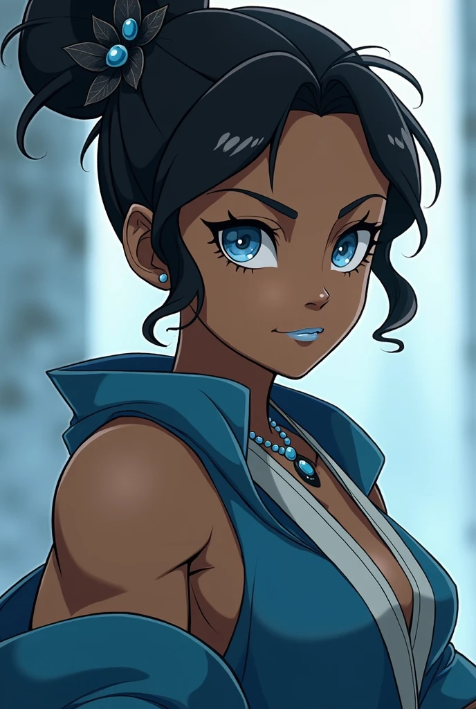 Avatar Korra from "the legend of korra" wearing an air nomad&#39;s robe, black eyeliner around the eyes, light blue lipstick on the lips, hair tied in a bun with a black stone flower securing the hairstyle, anime styling, black female, Age of Avatar, darkskin, blue colored eyes, make-up, blue jewel necklace, muscular woman.