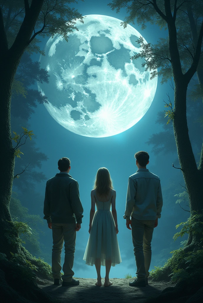 A girl in the middle, along with two 2 men, one with short black hair, pale skin and the other short brown hair, big bright moon behind them, forest