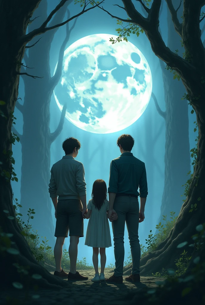 A girl in the middle, along with two 2 men, one with short black hair, pale skin and the other short brown hair, big bright moon behind them, forest
