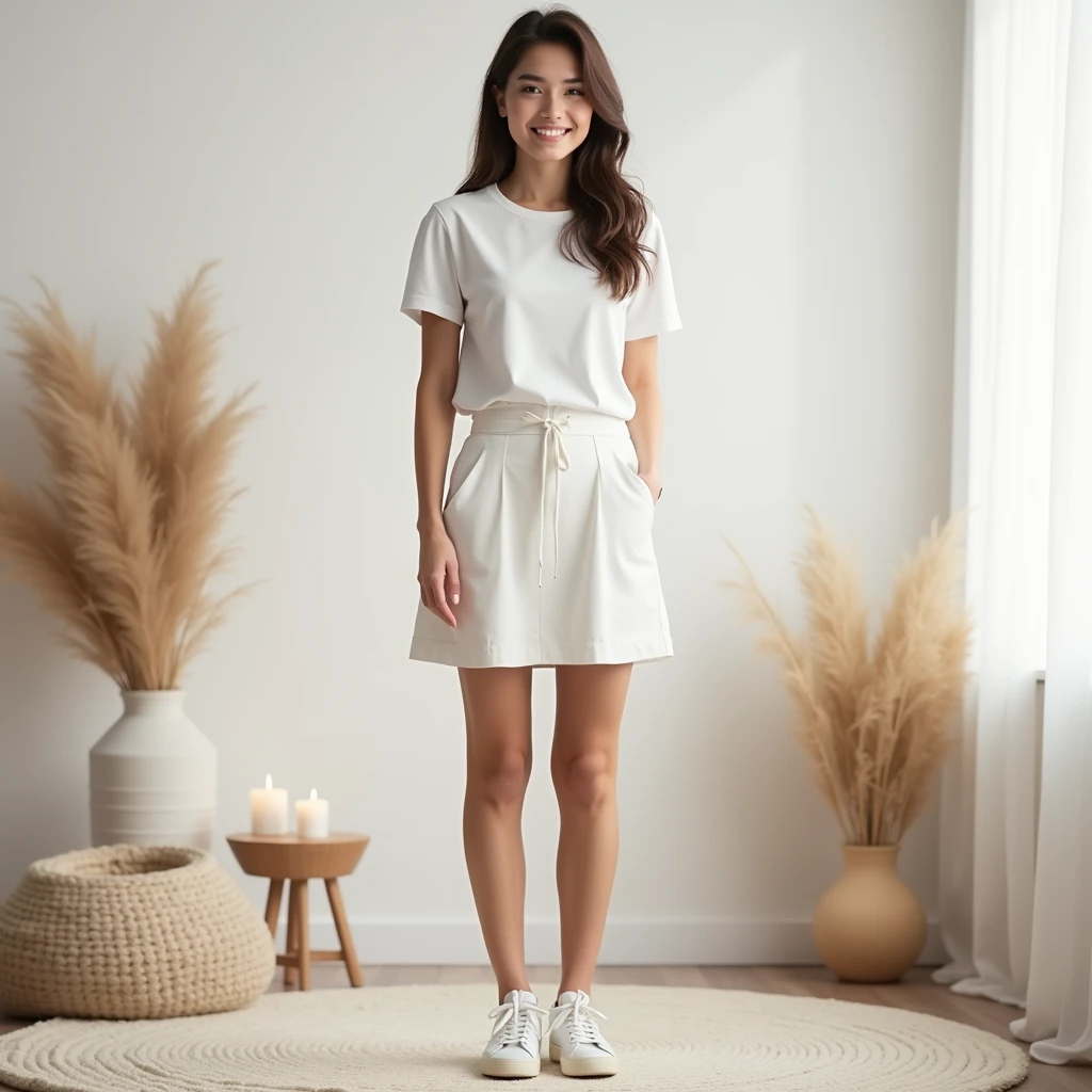 A high-resolution, smiling, front-facing image of an East European woman, wearing a plain white t-shirt, sneakers, and skirt. The woman is smiling, standing straight with a relaxed posture and a neutral expression. The scene is set against a [minimalist, white-walled studio] background with [soft, diffused light]. The environment is styled with subtle warm, rustic elements like soft lighting, wooden accents, and cozy textures that create a comfortable, inviting atmosphere. The t-shirt is smooth, with minimal folds, ideal for overlaying designs. The image captures the entire body from head to toe, with realistic lighting and detailed textures., photorealistic, first-person view, UHD, masterpiece, anatomically correct, 4K.