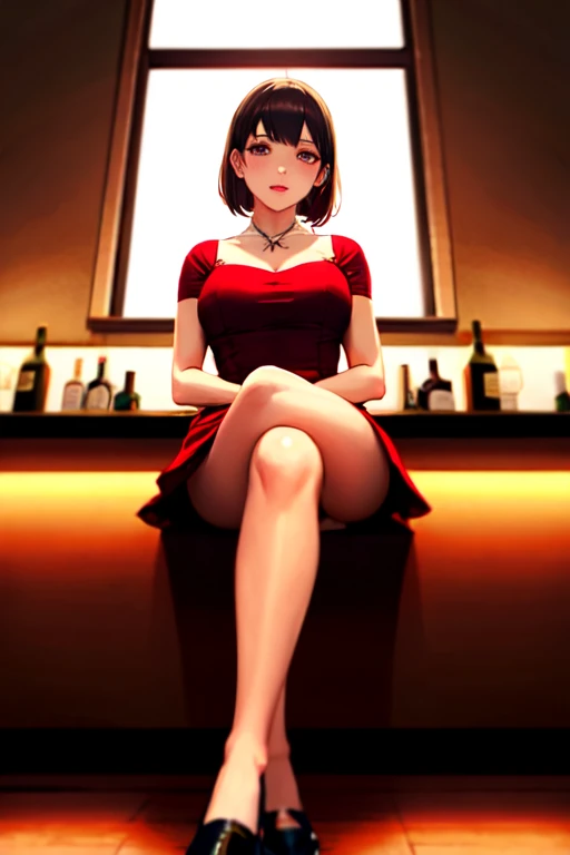 ((Best Quality)), ((masterpiece)), (Very detailed), 1 girl, with a short red dress, neckline, crossed legs, sitting, in a bar, 21 years, white panties,black heels,((Whole body)),((view from below))
