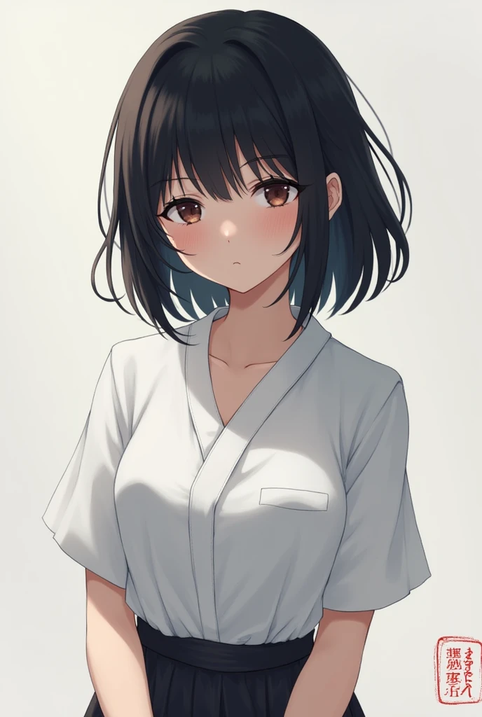 (masterpiece, best quality:1.2), solo, 1girl, machi komacine, expressionless, closed mouth, looking at viewer, japanese clothes, white shirt, short sleeves