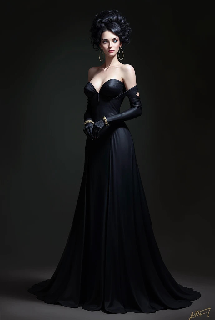 A full-body portrait of Lady Althea Voss, one of Lady Seraphina d’Aurelis' trusted ladies-in-waiting. Althea is depicted in a dark, elegant gown that reflects her sophisticated and cunning nature. She stands with a graceful yet commanding presence, her pale skin contrasting with her jet-black hair styled in an elaborate updo. Her ice-blue eyes are sharp and observant, giving her a calculating and intelligent expression. The background is subtle and dark, emphasizing her role as a manipulator in court intrigues. The art style is realistic, capturing the intricate details of her gown and her poised demeanor.