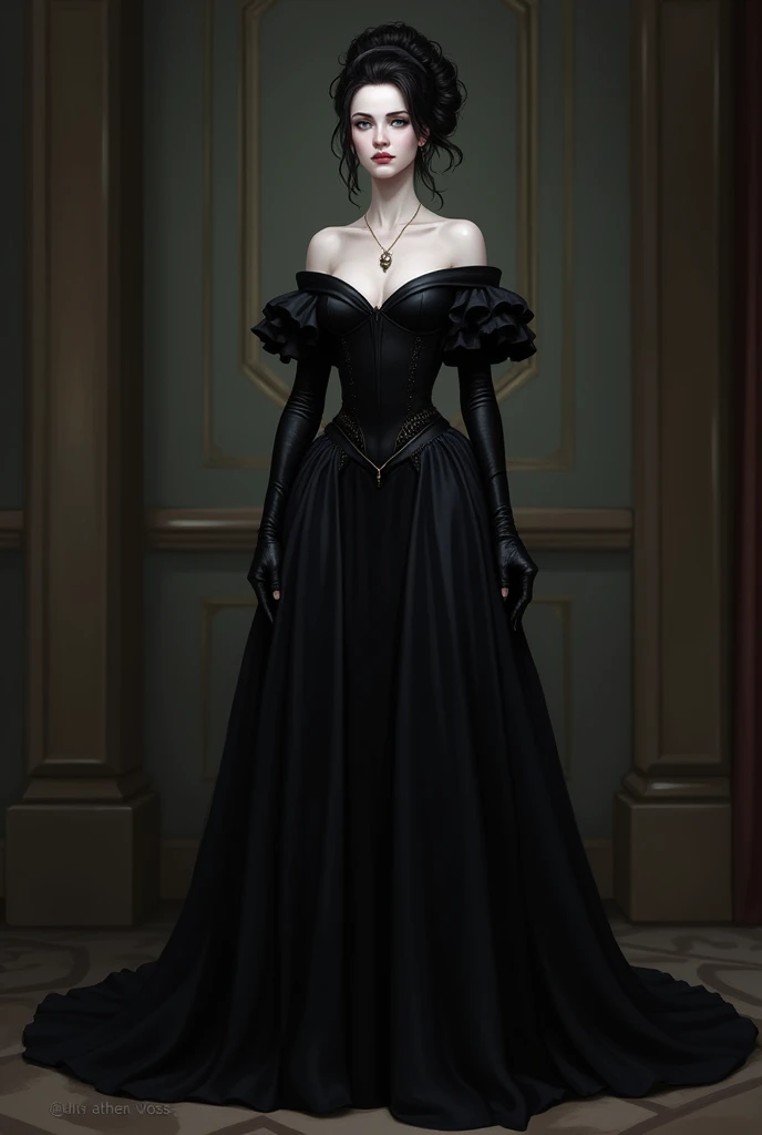 A full-body portrait of Lady Althea Voss, one of Lady Seraphina d’Aurelis' trusted ladies-in-waiting. Althea is depicted in a dark, elegant gown that reflects her sophisticated and cunning nature. She stands with a graceful yet commanding presence, her pale skin contrasting with her jet-black hair styled in an elaborate updo. Her ice-blue eyes are sharp and observant, giving her a calculating and intelligent expression. The background is subtle and dark, emphasizing her role as a manipulator in court intrigues. The art style is realistic, capturing the intricate details of her gown and her poised demeanor.