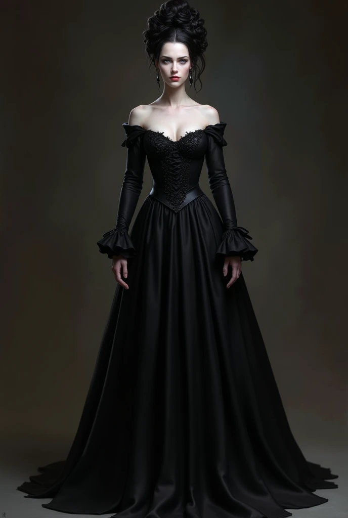 A full-body portrait of Lady Althea Voss, one of Lady Seraphina d’Aurelis' trusted ladies-in-waiting. Althea is depicted in a dark, elegant gown that reflects her sophisticated and cunning nature. She stands with a graceful yet commanding presence, her pale skin contrasting with her jet-black hair styled in an elaborate updo. Her ice-blue eyes are sharp and observant, giving her a calculating and intelligent expression. The background is subtle and dark, emphasizing her role as a manipulator in court intrigues. The art style is realistic, capturing the intricate details of her gown and her poised demeanor.
