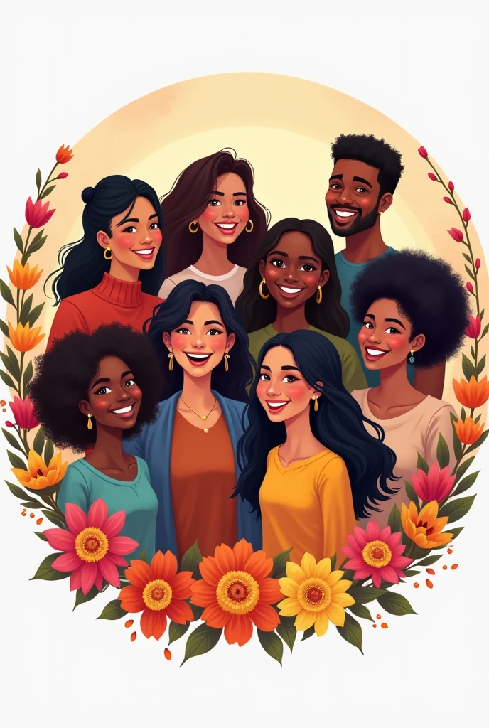 I want a circular image that is with flower borders around the image and the image is about discrimination where it is in different people of ethnic origin where they are happy and smiling that is
