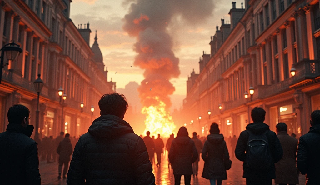 2024 London in chaos; people looking at the sky; explosions caused by bombs falling from the sky