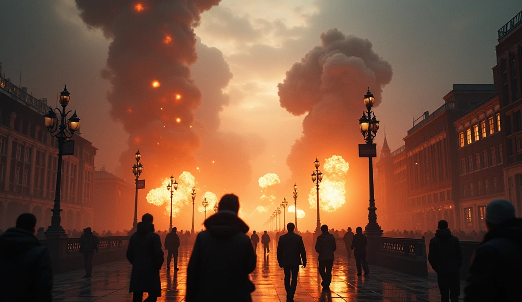 2024 London in chaos; people looking at the sky; explosions caused by bombs falling from the sky