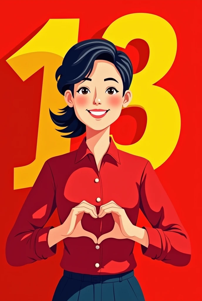 Create a mascot for WhatsApp profile pictures that will symbolize an I.In the colors red and yellow called 13zinho that symbolizes a person, a candidate for mayor, the image has to represent a young person, be it a man or a woman, with 13 behind the image, the blouse is red and the image behind the 13 is also red, have 13 on the blouse and 13 behind it, it is more visible and the hands join together and make the heart symbol.