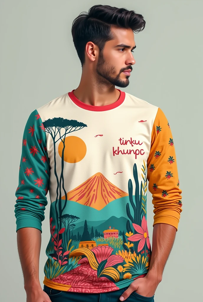 A long-sleeved T-shirt with a white base color and adding the Turquoise color, Coral and Mustard Yellow that says Tinku Khunpa small on the right side and that have things that represent Bolivia