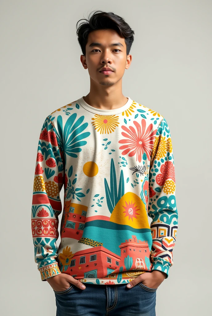 A long-sleeved T-shirt with a white base color and adding the Turquoise color, Coral and Mustard Yellow that says Tinku Khunpa small on the right side and that have things that represent Bolivia