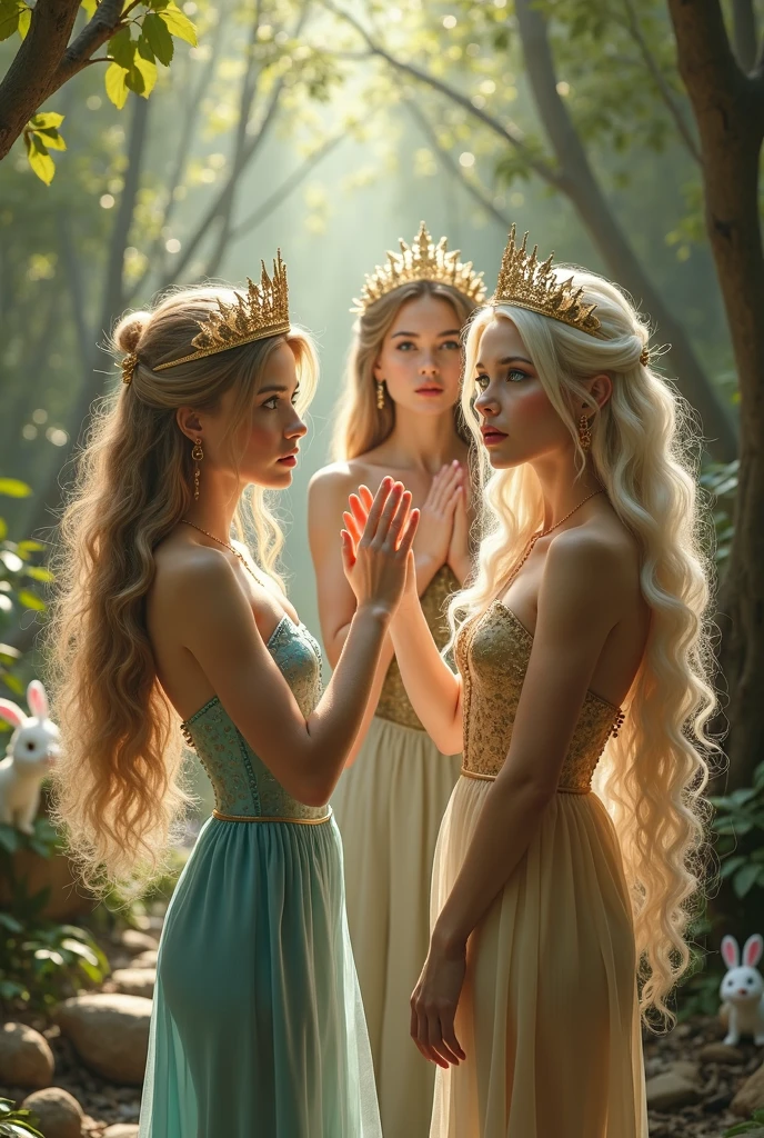 "A full-body shot of a realistic fairytale scene in a magical palace in a beautiful magical forrest, bathed in sunlighting."Beautiful pastel colour pallette." "A fairy queen 1 with realistic striking big blue eyes with eye makeup and a serious, direct gaze at the camera with golden extra long hair." " A Fairy queen 2 with golden-brown long curly hair in a thin light blue dress is standing by clapping her hands, looking at fairy queen1 with staring thorough detaled blue bright eyes and (shocked look with open mouth), perfect shaped pearly white teeth and pursed lips". "Singing fairy princess with a long white hair in a sheer golden wet transparent dress outfit, big breasts, thin waist, big butt, looks provocative with her mouth almost sedusive at fairy queen 2 laughing." Fairy queen 4"doing hand stand with both hands on floor, wearing a thin blue/green dress" "Her gold delicade fairy-crown, is hanging by the ends of her hair""The lighting is natural and bright, highlighting their features and casting a soft glow around their hair, creating a high-contrast effect that emphasizes the subject's presence. " "Elf king is sitting on a royal chair in a elfie chlothes." "A white rapid sits in on a decorative dining table1:1" "while a rainbow colored bird perches on the top of the thin royal thrown". The scene includes a messy fairy queens in a beautiful and magical forrest palace. "The vast environment paints a magical but weird admosphere". # Configuration settings clip_guidance_scale = 20 # High adherence to the detailed prompt, emphasizing facial features hr_scale = 2.0 # High resolution to capture intricate details in the hair and face. hr scale =2.0 # Perfect human female body. Best hands 1:1, super realistic hair 1:1, hyper realistic eyes 1:1, extra detailed delicate moist skin, most detaled and realistic face 1:1. #A realistic stage with thorough details and clear focus on the queens.