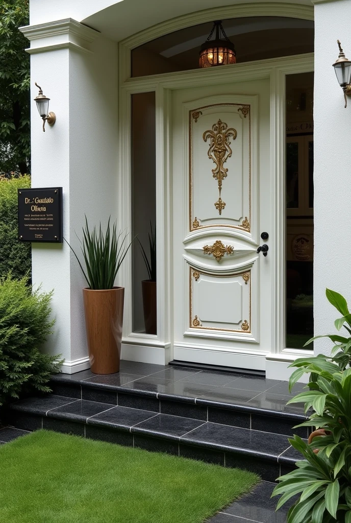 law office, in a house with a grass floor with black porcelain sidewalk, white door with gold details and a sign next to the grass that reads “Dr. Gustavo Oliveira OAB/SP 416.818”