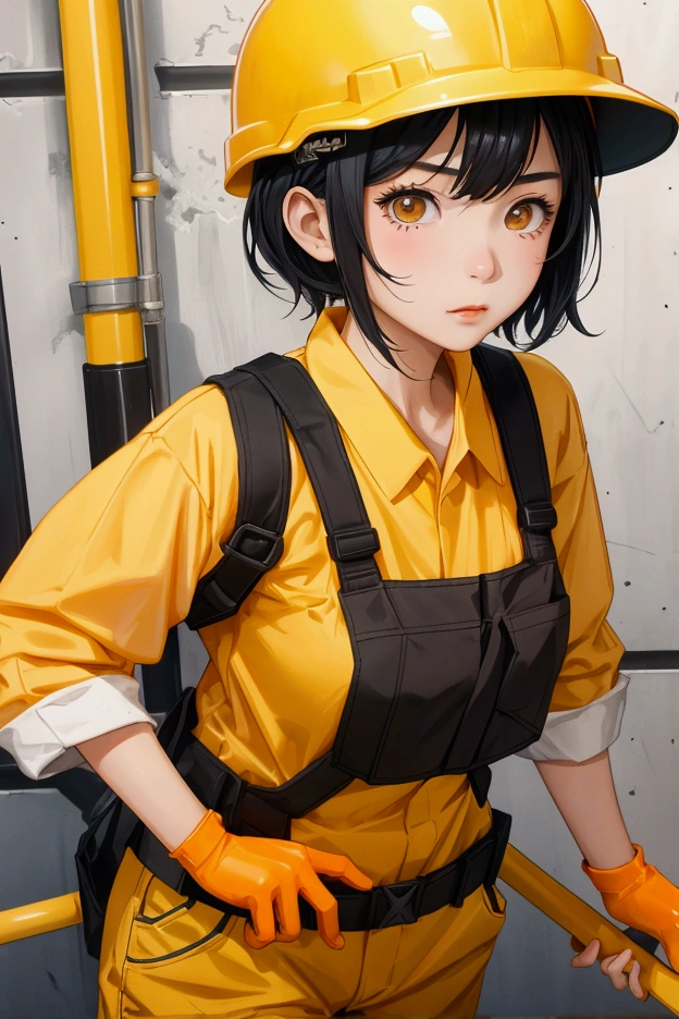 Teenage Asian girl with short black hair. Wearingorange construction worker outfit and yellow construction helmet. Shy facial expression.