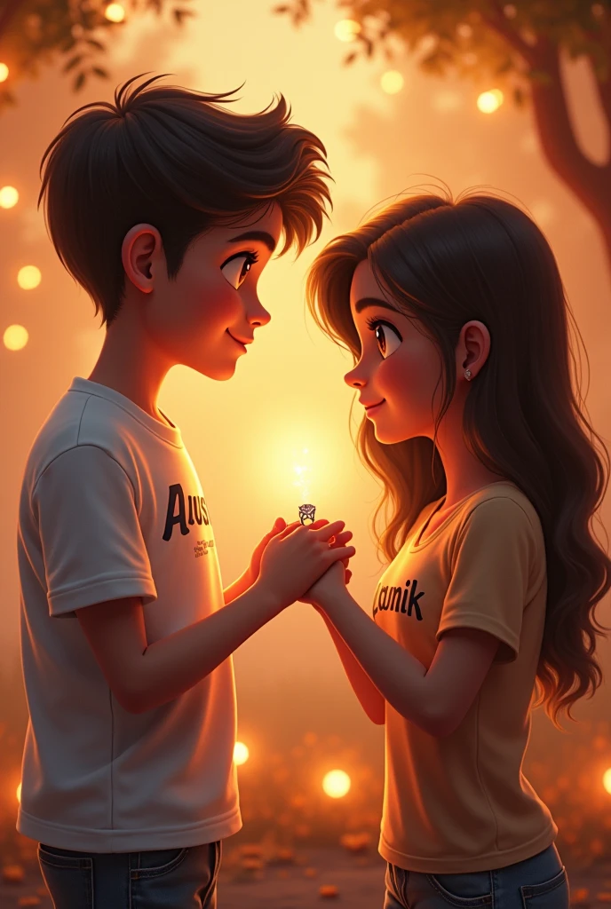 A teenager boy proposing a teenager girl with a diamond ring such that AYUSH is written on the boy's tshirt and KANIKA on the girl's tshirt 
