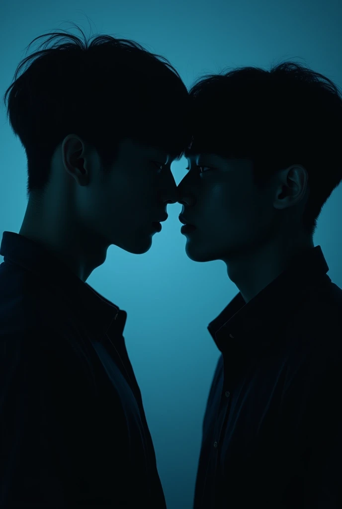 Couverture d’album, deux homme dans le noir où on voit que la silhouette d’apparence coreen entrain de se regarder. The photo should be close to their faces. A man has a bowl cut, slightly young face with full lips. Avec un visage rond dans le noir. Where we see their silhouette in the dark with a blue and black light with low brightness
