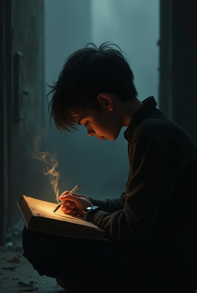 Shadow of a boy writing in a book while smoking a cigarette