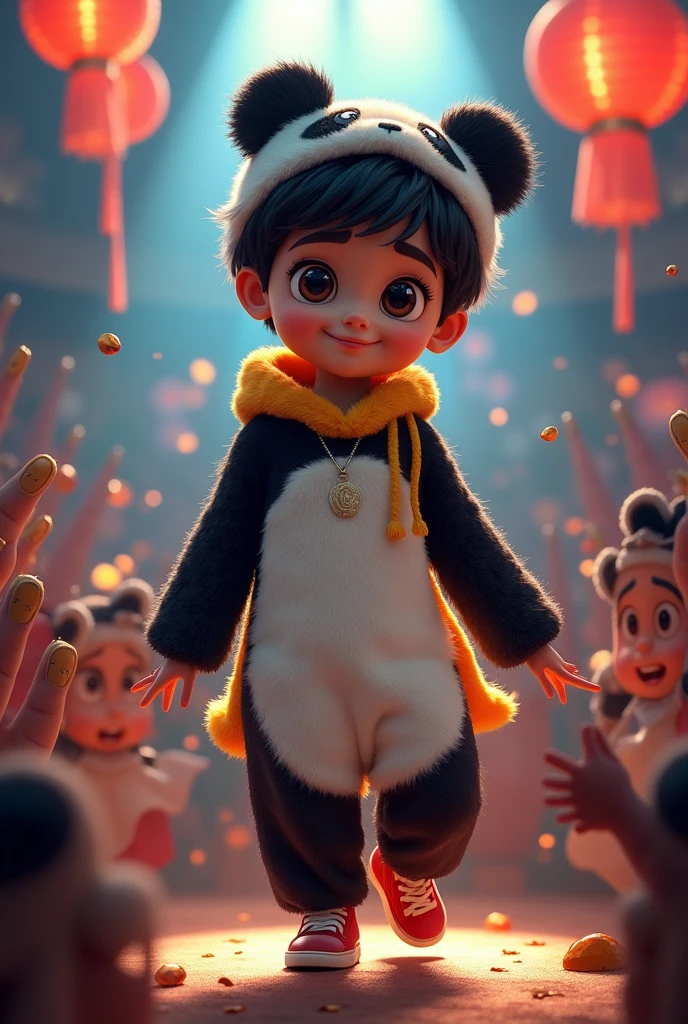 A Indian teenage handsome boy with ovel face shape, skim body, light brown skin color , black hair, wildeye, wearing panda cute dress in stage