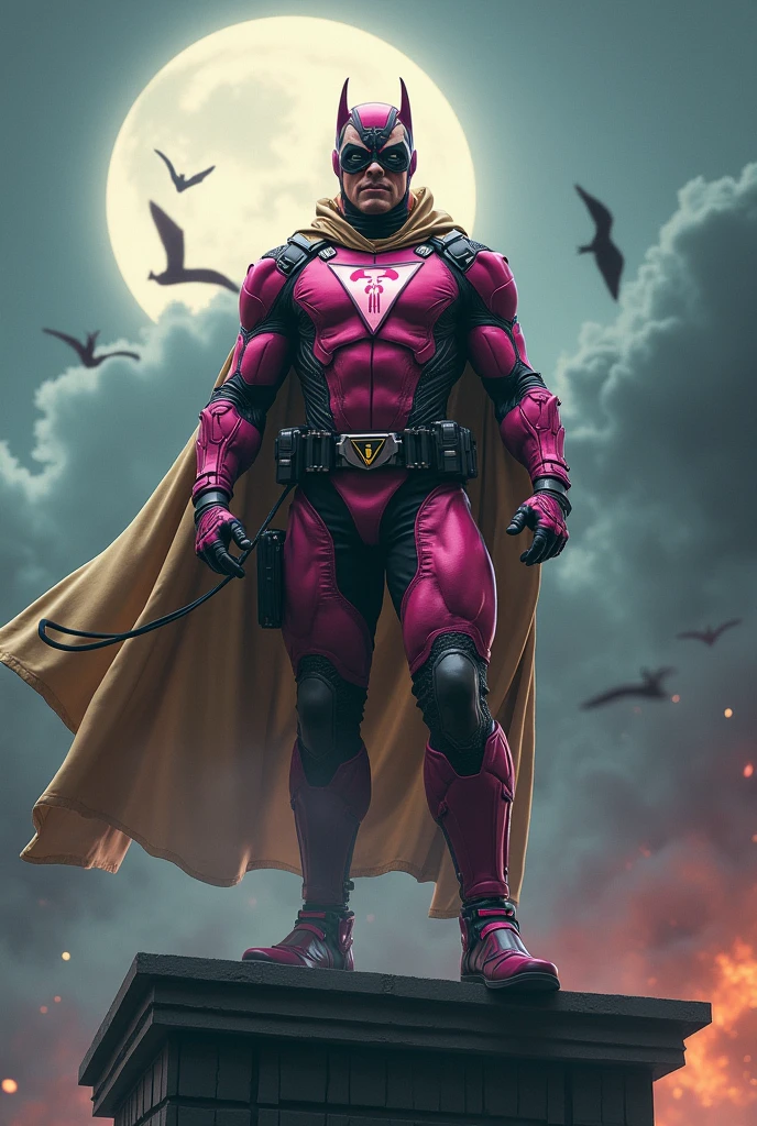 Malaysia man in high-tech suit, vivid effects, malaysian superhero (KELUANG MAN) in a striking pink and beige costume cyberpunk design, mask small mini bat ear beige, daredevil biage mask, jumpsuit dark pink stands confidently in a dramatic.jumping from high place.hero costume. Big triangle logo on the chest. Punisher logo on the chest. Fighting pose , stormy landscape. ((Head covered node guard like batman. Running pose , athletic body type, small mini ear bat mask))The character wears domino mask a helmet with pointed mini torn ears and a flowing cape biege, open nose and mouth. Equipped with visible futuristic weapons on a belt,bullet proof jacket pink dark day.show fingers pose, dark night, big supermoon effect . Small logo on chest triangle shape small punisher logo center triangle cyber logo center on chest pink logo mini logo . rocky. Building top.smoke ground , bomb effect background, losse pants, losses costume.adding to --ar 3:4 --style raw --stylize 500 --v 6.1. chaos. Lot of small flying bat. One leg on the high stone. Man . Real man age 40 year old. One hand holding belt.one hand holding black rope hanging on building