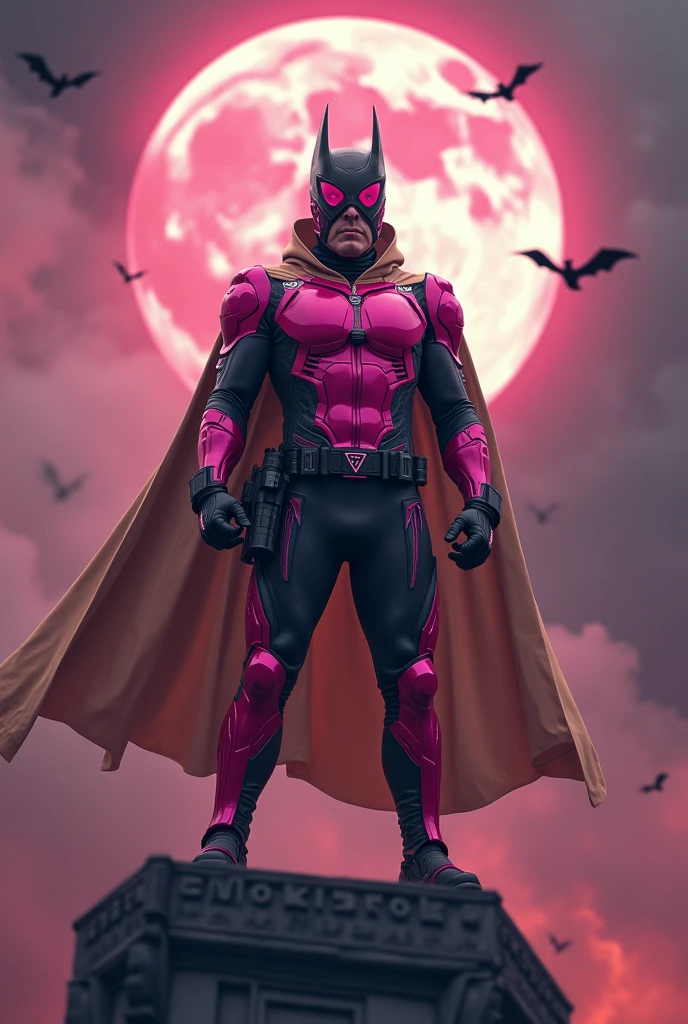 Malaysia man in high-tech suit, vivid effects, malaysian superhero (KELUANG MAN) in a striking pink and beige costume cyberpunk design, mask small mini bat ear beige, daredevil biage mask, jumpsuit dark pink stands confidently in a dramatic.jumping from high place.hero costume. Big triangle logo on the chest. Punisher logo on the chest. Fighting pose , stormy landscape. ((Head covered node guard like batman. Running pose , athletic body type, small mini ear bat mask))The character wears domino mask a helmet with pointed mini torn ears and a flowing cape biege, open nose and mouth. Equipped with visible futuristic weapons on a belt,bullet proof jacket pink dark day.show fingers pose, dark night, big supermoon effect . Small logo on chest triangle shape small punisher logo center triangle cyber logo center on chest pink logo mini logo . rocky. Building top.smoke ground , bomb effect background, losse pants, losses costume.adding to --ar 3:4 --style raw --stylize 500 --v 6.1. chaos. Lot of small flying bat. One leg on the high stone. Man . Real man age 40 year old. One hand holding belt.one hand holding black rope hanging on building