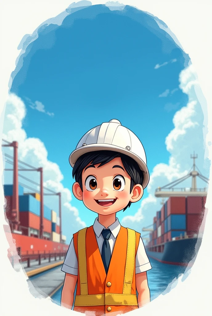 Hello, I want a picture of a cute international businessman, young, Happy and smiling,with big eyes and short hair, Studio Ghibli themed. In the background there is a blue circular watercolor with clouds, the port in the background and a text above that says International business. More lively and more lively and with an orange safety vest and a white helmet, and that he is talking with his coworkers