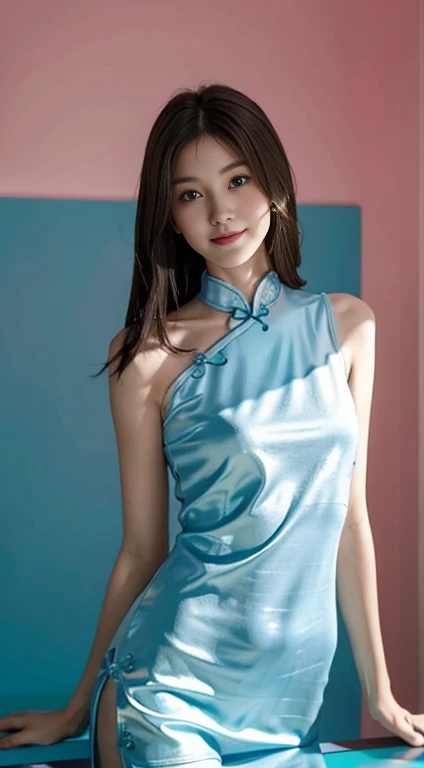(Shoulder-length straight hair: 1.2),Upper Body, （Extremely detailed CG 8k wallpaper），（Extremely exquisite and beautiful），（masterpiece），（Best quality:1.0），（超high resolution:1.0），Beautiful Lights，Perfect Lightning，Realistic shadows，[high resolution]，Smooth and flawless fair skin，Extremely fine facial details，Ultra Detailed，A girl，Small head，Smile，Cheerful,summer，afternoon，Close shot，at home，in living room,Blue green background，(Standing at a large table:1.3),（There is a big:1.3）,Enjoying a comfortable and intoxicated expression,Small face，（Perfect body:1.1）,Small Breasts，flat chest，Slim，Thin，(Pink with light blue cheongsam:1.3)，Long legs，shoulder off，Bare shoulders，Charming clavicle，Flowers,sideways，,(black:1.3),Inkstone