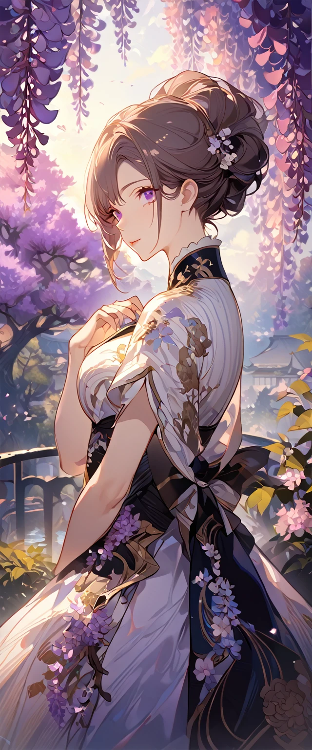 wisteria flower, wisteria tree, wisteria background, 8k ,4k , best quality, high quality, masterpiece, embroidery clothes, big chest, all kind of hairstyle, inspired by Asukaziye artist : ask, art style : ask