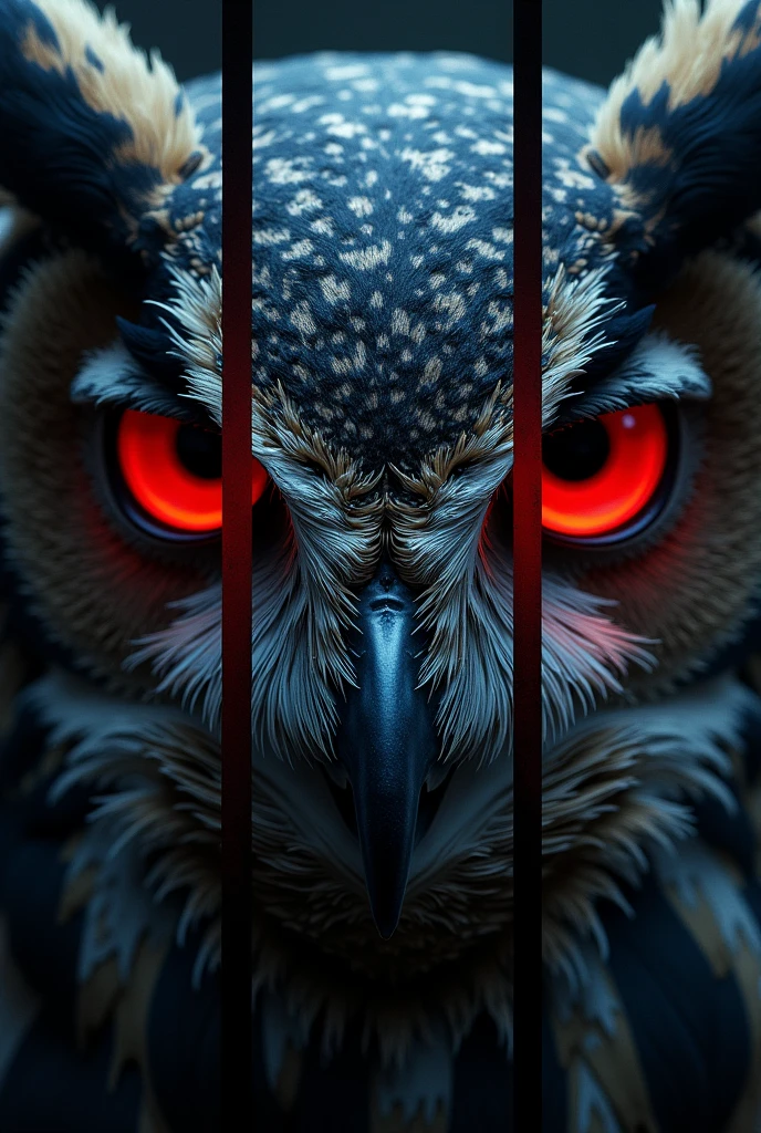 Owl face with red eyes for a frame divided into three parts 