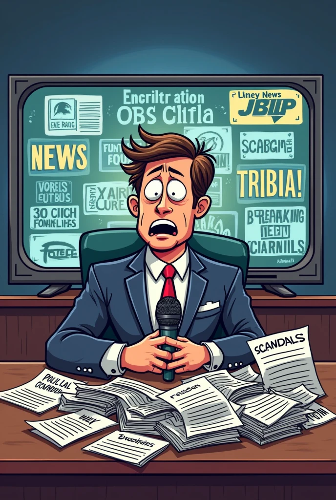 
Cartoon Description

Setting: A news studio with a big TV screen showing different news channels.
Characters:
A news anchor holding a microphone, looking overwhelmed.
A variety of news channels on the screen, each with a different exaggerated headline, such as "Breaking News: Celebrities’ Latest Scandals!" or "Political Gossip of the Day!"
Cartoon Elements:

News Anchor: The anchor looks overwhelmed with a pile of papers labeled "Scandals" and "Gossip."
TV Screen: The screen shows headlines that are sensational or trivial, reflecting a focus on entertainment or gossip rather than important issues.
Speech Bubble: The anchor says, “So many headlines, but where's the substance?”
