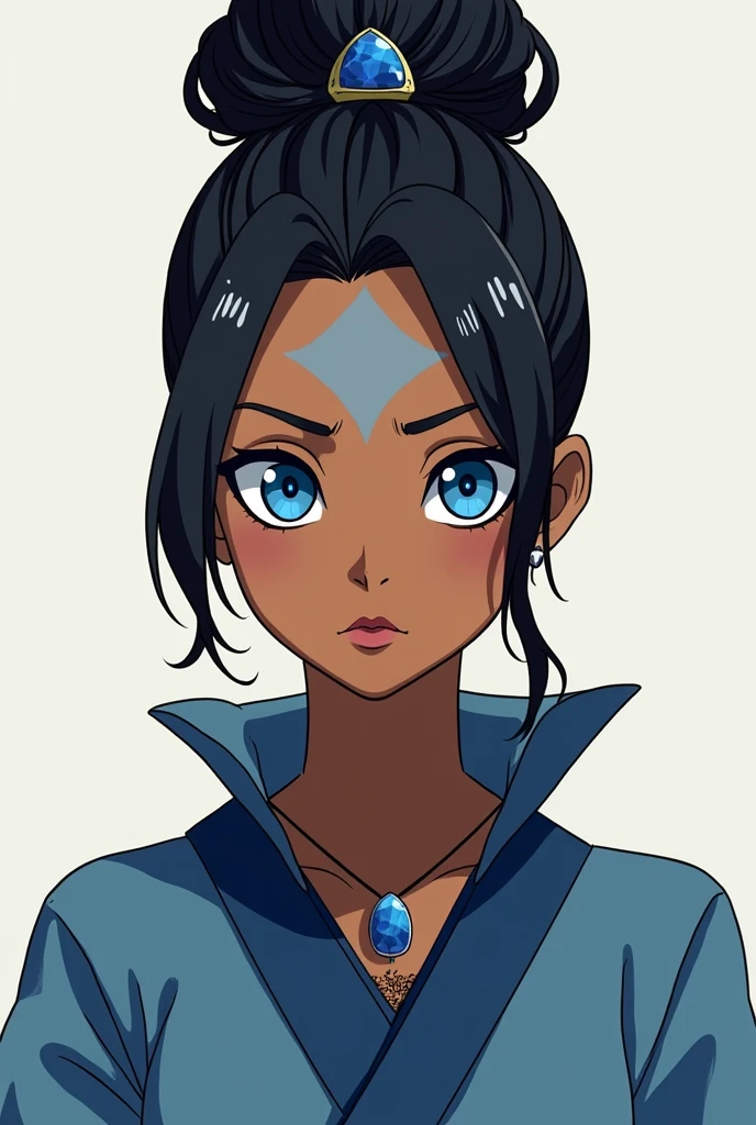 Avatar Korra from "The Legend of Korra" wearing an air nomad robe, black eyeliner around her eyes, light blue lipstick on her lips, hair tied in a bun with a black stone flower holding the hairstyle, anime style, black woman, avatar Korra, dark skin, blue eyes, makeup, blue jewel necklace.