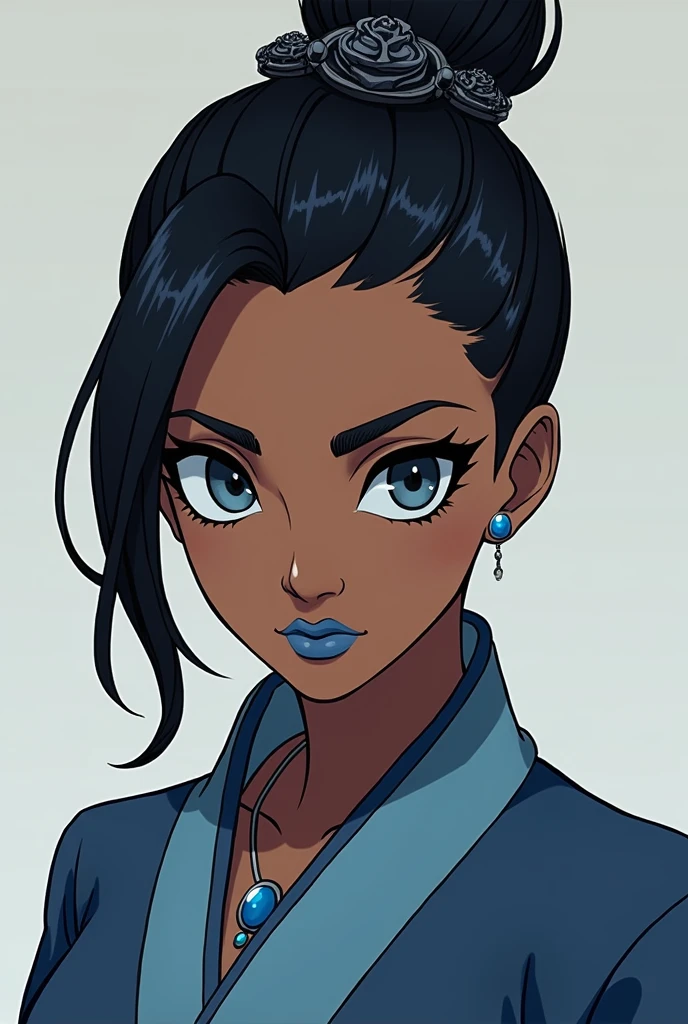 Avatar Korra from "The Legend of Korra" wearing an air nomad robe, black eyeliner around her eyes, light blue lipstick on her lips, hair tied in a bun with a black stone flower holding the hairstyle, anime style, black woman, avatar Korra, dark skin, blue eyes, makeup, blue jewel necklace.