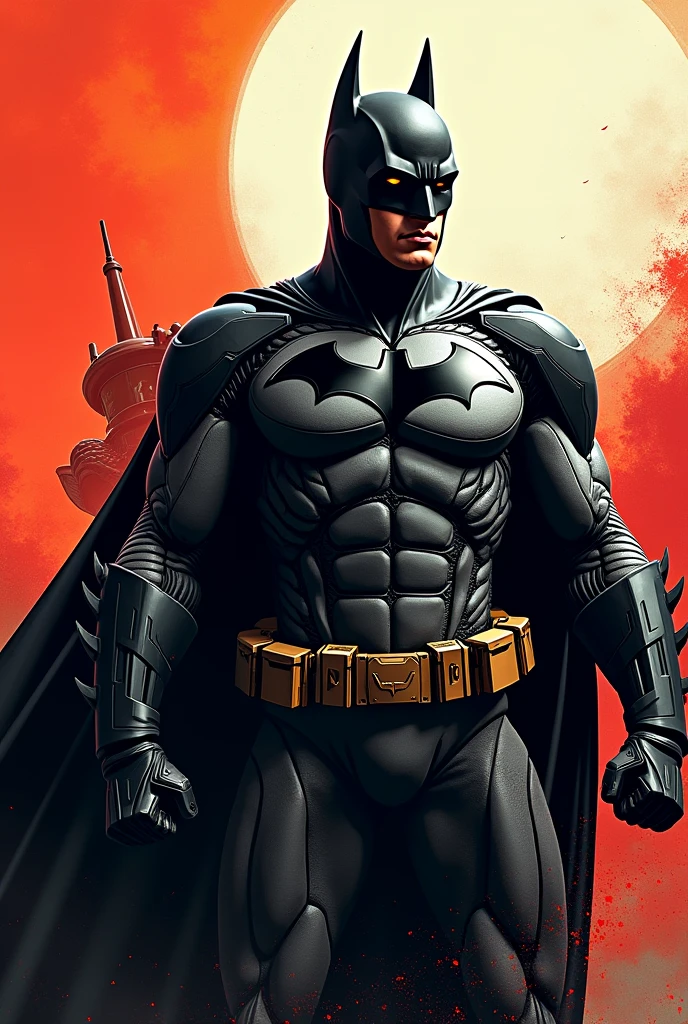 Batman in very masculine pose, black and white , background should be vibrant and bright , behind batman there is his bat vehicle, batman have details in his suit, below the surface looks smoky and dark whole image is black & white except background there is little touch of building not detailed, his suit is very scifi and detailed the newest batman movie like, his vehicle is side by him showing Little tilted view