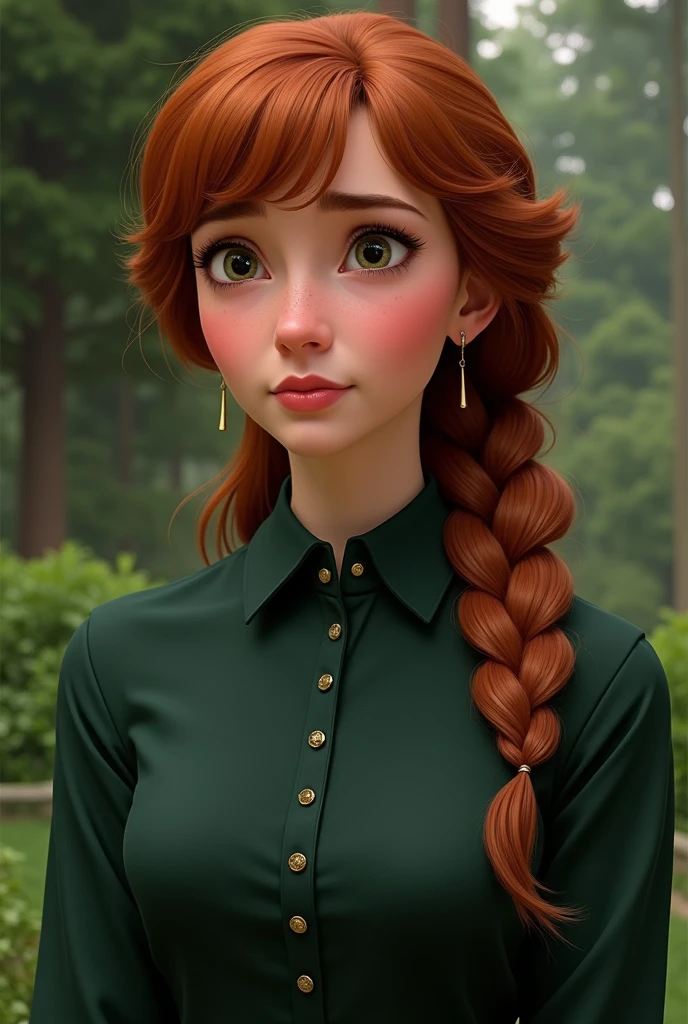 Elsa from Frozen, modern, sharp facial features, realistic, renaissance art style, deep auburn hair, wearing a dark green button down formal collared shirt, background should be a green garden, voluminous long hair let down, curtain bangs, looking distressed. No braids please 