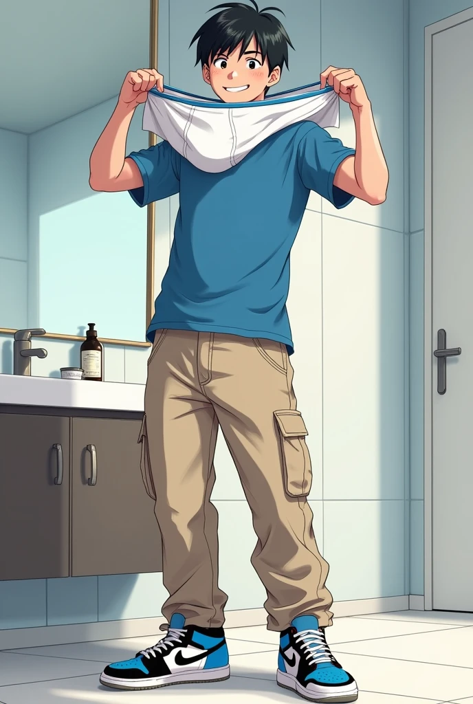 into the image, a cool ager of 1,80 tall, with white skin and straight black hair, is posing in a bathroom. He wears a blue t-shirt and beige cargo pants., complemented by a pair of Air Jordan sneakers in blue, black andwhite. The young man is holding only a pair of underwear (of the boxer model), this underwear is white (medium-sized) with both hands, displaying it to the "Camera", with a happy and relieved expression. The bathroom in the background is modern and minimalist., with details like a large mirror and light tiles. The teen's expression is relaxed and fun, besides him appearing relieved, giving a casual and informal tone to the image, In anime style, ele segura apenas uma cueca of the boxer model de tamanho que ele adolescente usaria, and he looks like he just took off his underwear!