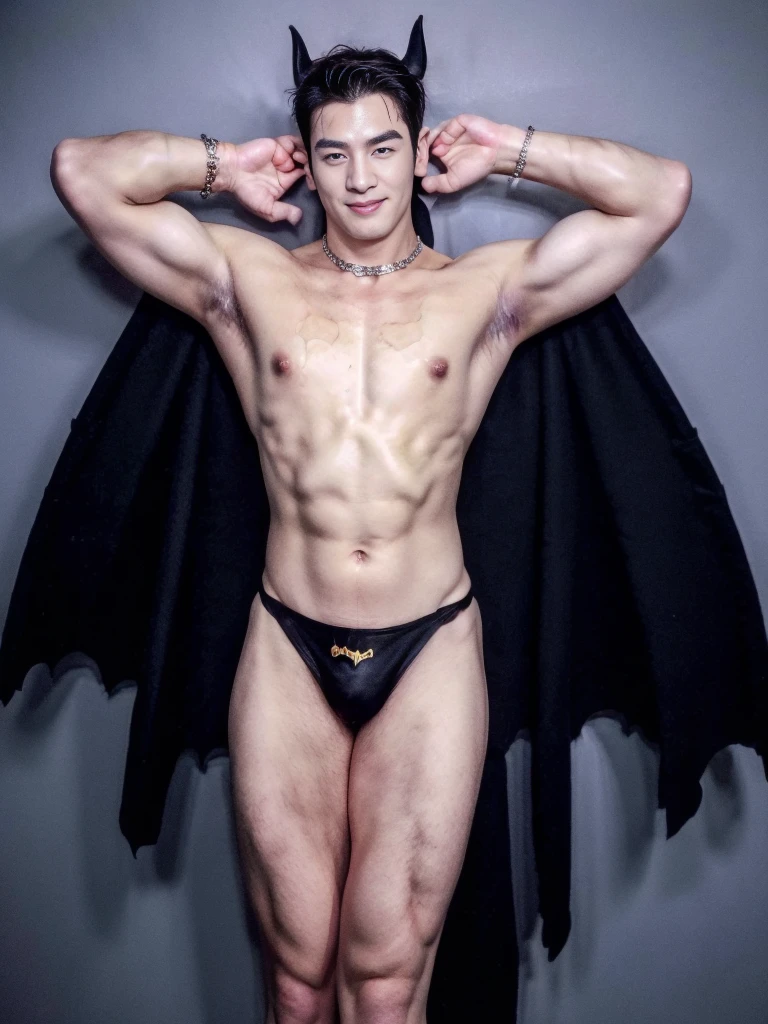 ((Men only)), (handsome man in his 20s), ((batman)), ((Batman's appearance is characterized by sexy micro thong , adorned with a bat emblem)), (Mischievous smile), HIG quality, beautidful eyes, (Detailed face and eyes), (Face、: 1 / 2), Noise, Real Photographics、... .PSD, Sharp Focus, High resolution 8K, realisitic & Professional Photography, 8K UHD, Soft lighting, High quality, Film grain, FujifilmXT3 ,sexy , NSFW , eroticism , full length shot(fls) ,standing, (thick thighs , phat fat hips ,wide pelvis , skindentation & wide hips) , handsome boy , smirk , grins , K-pop idol looking , (phat hips , unrealistic wide hips , unrealistic wide pelvis , plump hips), bare thighs, bare chest , bondage collar , narrow waist , snacted waist , (((only boy , only male , only man)))