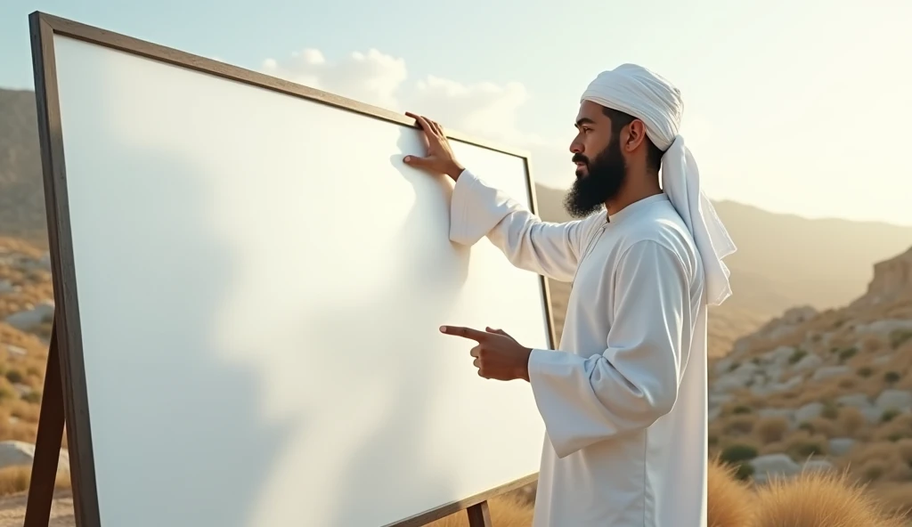 Photorealism:1.2) guru, lelaki, muda, Muslim, menghadap ke samping, menunjuk ke papan tulis, diujung samping papan tulis, putih, papan tulis kosong, landscape,menghadap ke depan,papan tulis memenuhi frame