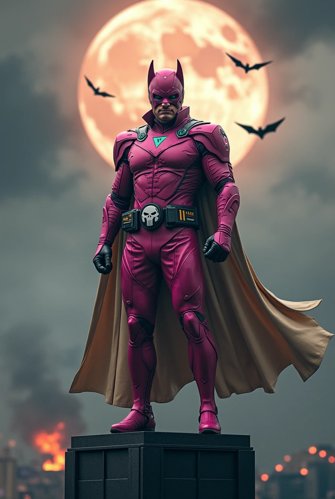 Malaysia man in high-tech suit, vivid effects, malaysian superhero (KELUANG MAN) in a striking pink and beige costume cyberpunk design, mask small mini bat ear beige, daredevil biage mask, jumpsuit dark pink stands confidently in a dramatic.jumping from high place.hero costume. Big triangle logo on the chest. Punisher logo on the chest. Fighting pose , stormy landscape. ((Head covered node guard like batman. Running pose , athletic body type, small mini ear bat mask))The character wears domino mask a helmet with pointed mini torn ears and a flowing cape biege, open nose and mouth. Equipped with visible futuristic weapons on a belt,bullet proof jacket pink dark day.show fingers pose, dark night, big supermoon effect . Small logo on chest triangle shape small punisher logo center triangle cyber logo center on chest pink logo mini logo . rocky. Building top.smoke ground , bomb effect background, losse pants, losses costume.adding to --ar 3:4 --style raw --stylize 500 --v 6.1. chaos. Lot of small flying bat. One leg on the high stone. Man . Real man age 40 year old. One hand holding belt.one hand holding black rope hanging on building