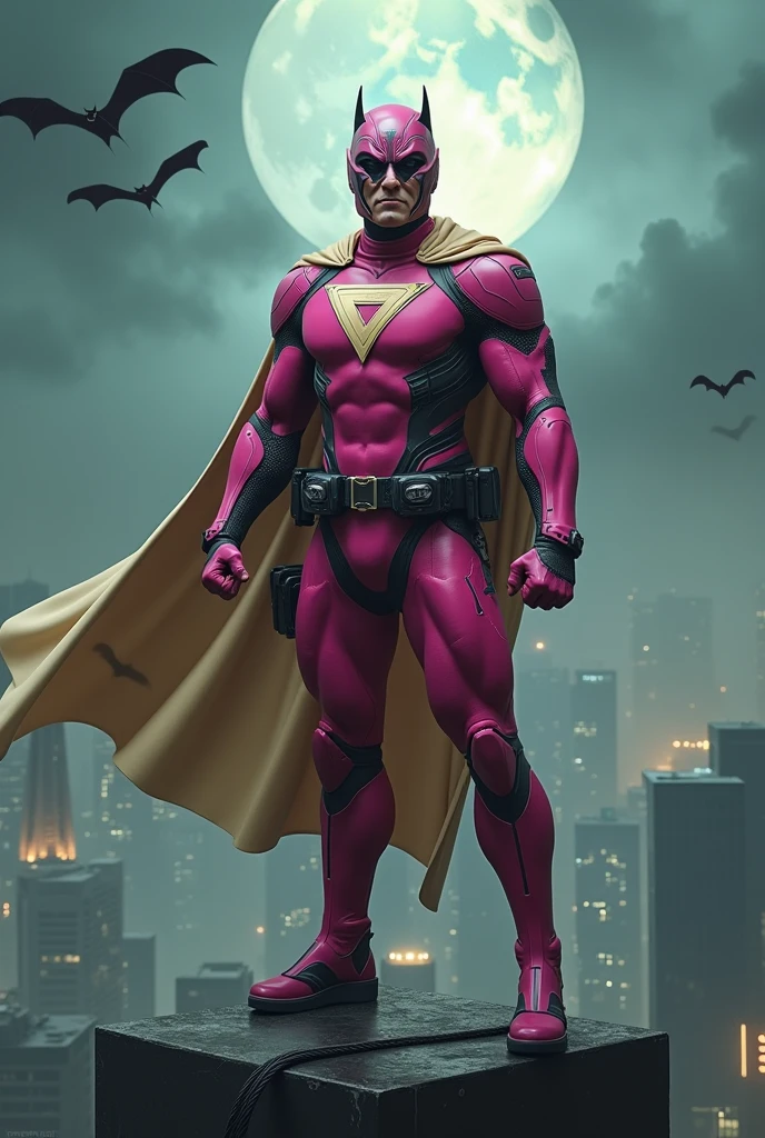 Malaysia man in high-tech suit, vivid effects, malaysian superhero (KELUANG MAN) in a striking pink and beige costume cyberpunk design, mask small mini bat ear beige, daredevil biage mask, jumpsuit dark pink stands confidently in a dramatic.jumping from high place.hero costume. Big triangle logo on the chest. Punisher logo on the chest. Fighting pose , stormy landscape. ((Head covered node guard like batman. Running pose , athletic body type, small mini ear bat mask))The character wears domino mask a helmet with pointed mini torn ears and a flowing cape biege, open nose and mouth. Equipped with visible futuristic weapons on a belt,bullet proof jacket pink dark day.show fingers pose, dark night, big supermoon effect . Small logo on chest triangle shape small punisher logo center triangle cyber logo center on chest pink logo mini logo . rocky. Building top.smoke ground , bomb effect background, losse pants, losses costume.adding to --ar 3:4 --style raw --stylize 500 --v 6.1. chaos. Lot of small flying bat. One leg on the high stone. Man . Real man age 40 year old. One hand holding belt.one hand holding black rope hanging on building