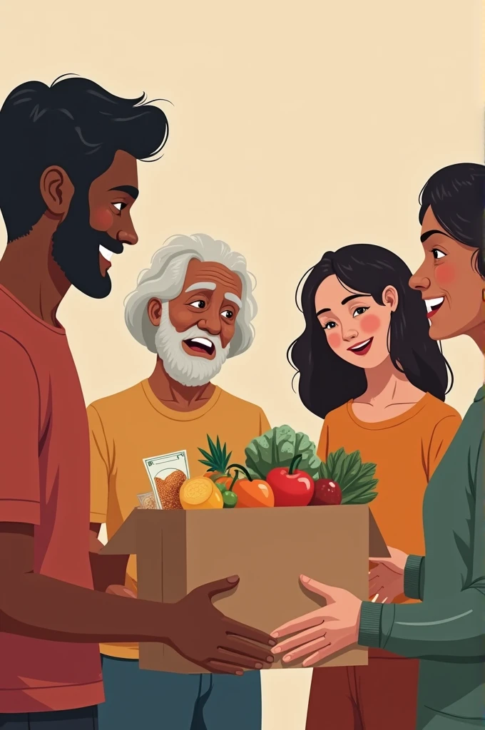 Give me a 4k image of 4 people of different genders and ages receiving money and food combos