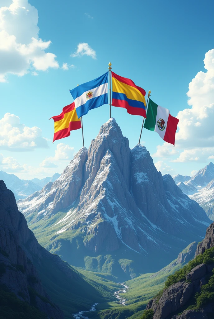 A mountain with the flags of Argentina, Colombia, Spain and Mexico. You can make the flags with the color they are , You are getting their colors wrong Animated Fix the color of the flag of Colombia and Mexico