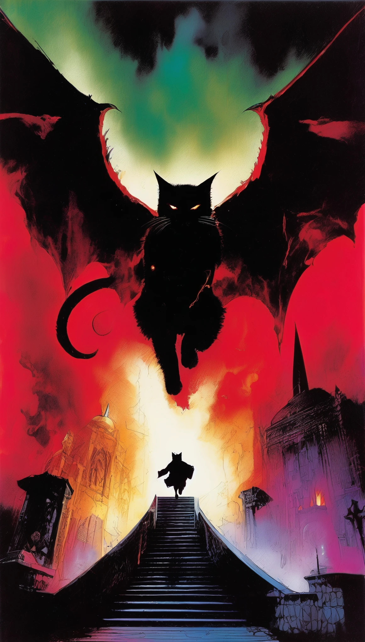 Satan Cat (Bill Sienkiewicz'artistic inspiration). painting,(Thick oil texture,Giant silhouette of Satan behind the cat,Glowing Inverted Cross Pendant:1.8),roar