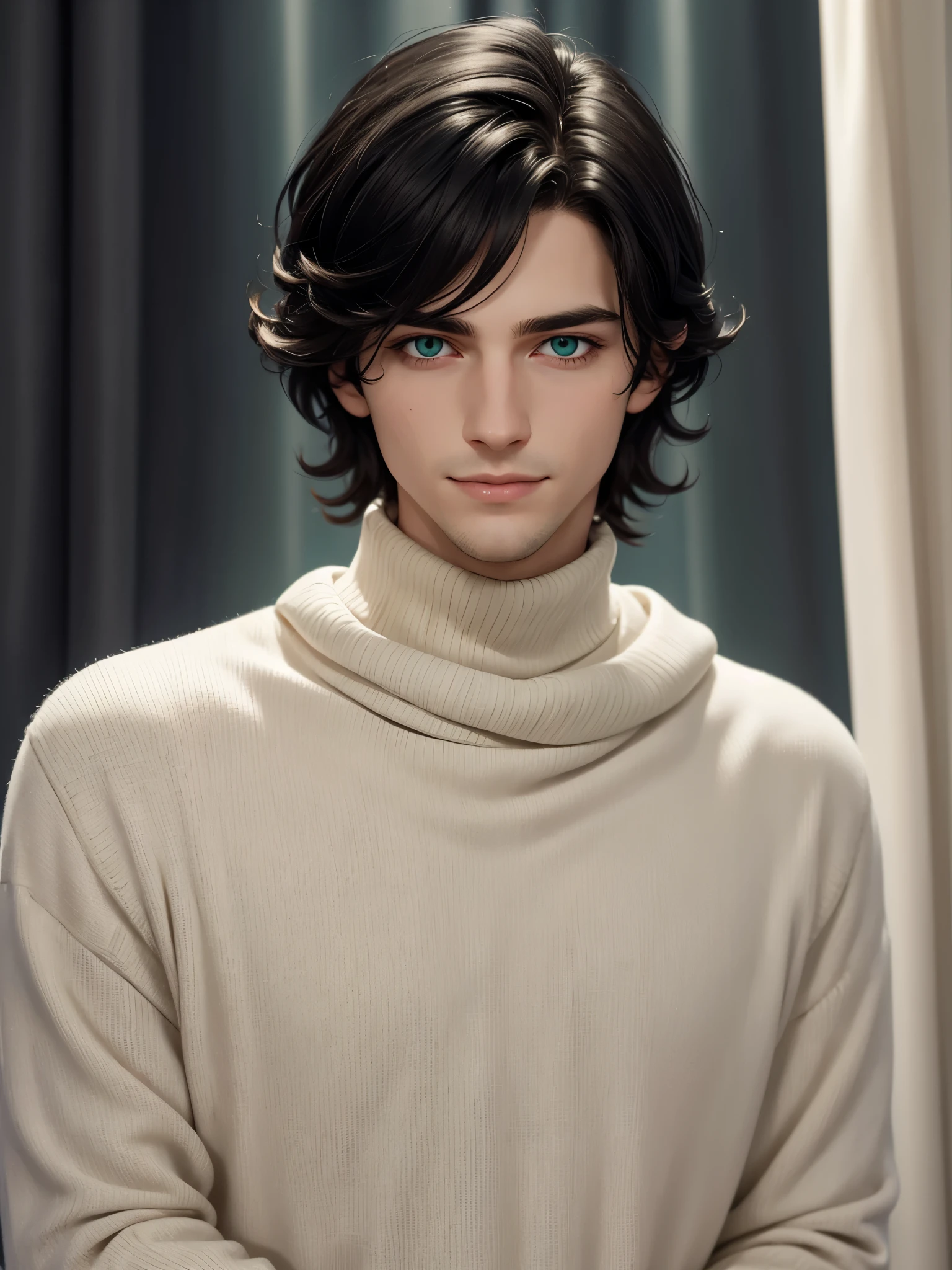 (best quality), 1boy, pale skin, black hair, medium hair, curtain hair, tousled hair, green eyes, perfect eyes, dark circles under eyes, handsome, light smile, attractive, turtleneck sweater, masterpiece, anatomically correct, highres
