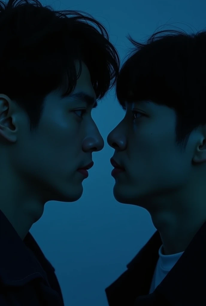 Couverture d’album, deux homme dans le noir où on voit que la silhouette d’apparence coreen entrain de se regarder. The photo should be close to their faces. A man has a bowl cut, slightly young face with full lips. Avec un visage rond dans le noir. Where we see their silhouette in the dark with a blue and black light with a low luminosity in the dark