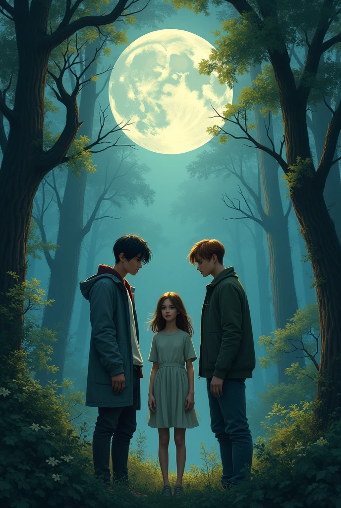 A girl between two 2 men, one with short black hair and the other with short brown hair, big bright moon behind them, forest